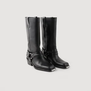 Sandro Paris Botas De Motociclista Em Couro-Mulheres Botins