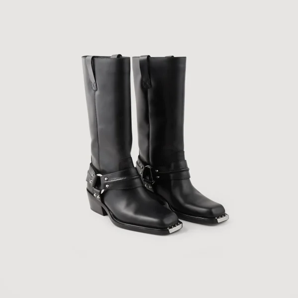 Sandro Paris Botas De Motociclista Em Couro-Mulheres Botins