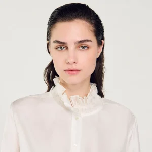 Sandro Paris Camisa De Seda Com Gola Franzida-Mulheres Tops E Camisas