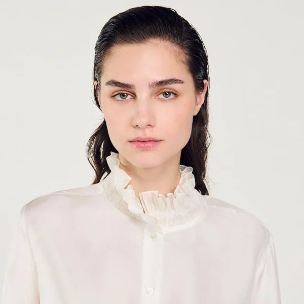 Sandro Paris Camisa De Seda Com Gola Franzida-Mulheres Tops E Camisas