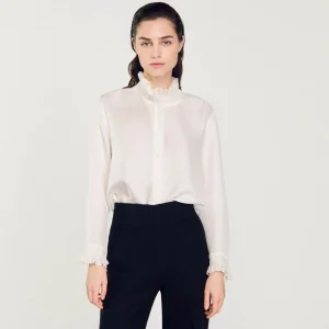 Sandro Paris Camisa De Seda Com Gola Franzida-Mulheres Tops E Camisas