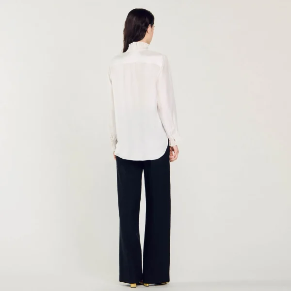 Sandro Paris Camisa De Seda Com Gola Franzida-Mulheres Tops E Camisas