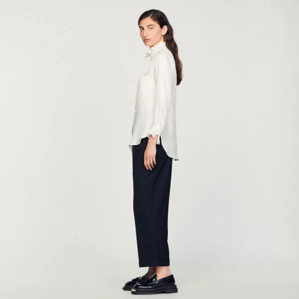 Sandro Paris Camisa De Seda Com Gola Franzida-Mulheres Tops E Camisas