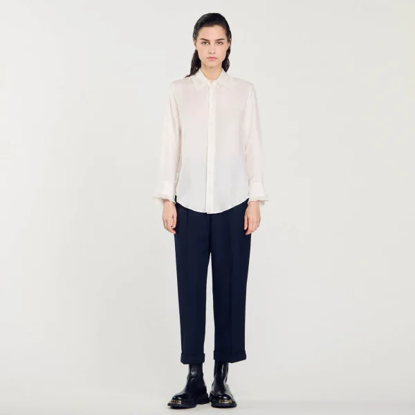 Sandro Paris Camisa De Seda, Gola Bordada E Plissada-Mulheres Tops E Camisas