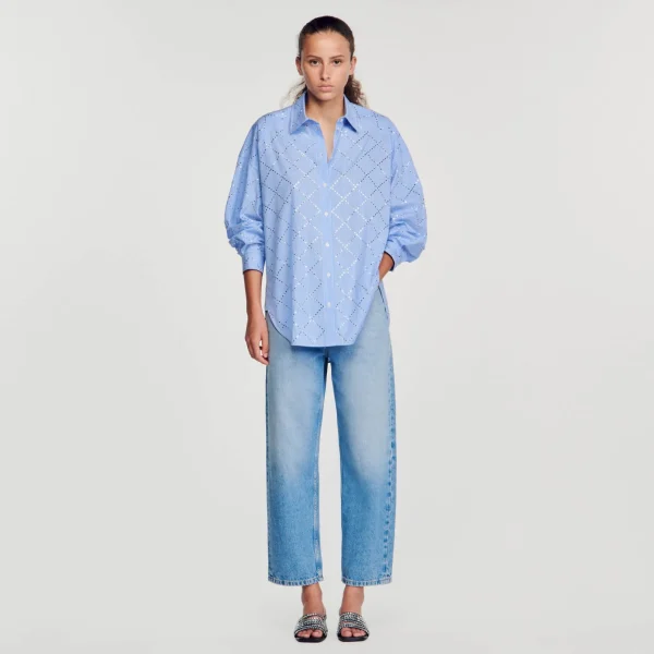 Sandro Paris Camisa Oversized Com Strass-Mulheres Tops E Camisas