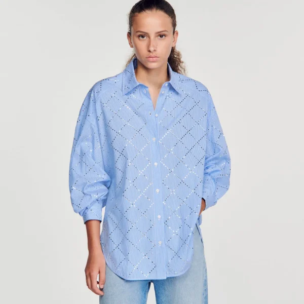 Sandro Paris Camisa Oversized Com Strass-Mulheres Tops E Camisas