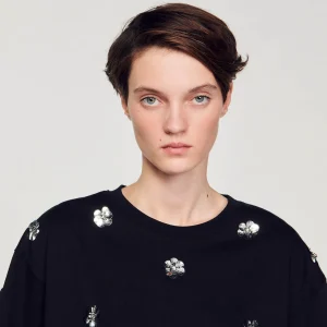 Sandro Paris Camiseta Com Flores De Lantejoulas-Mulheres Camisetas