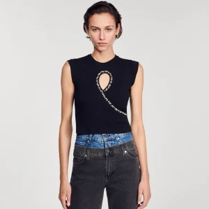 Sandro Paris Camiseta Curta Com Abertura Em Strass-Mulheres Camisetas