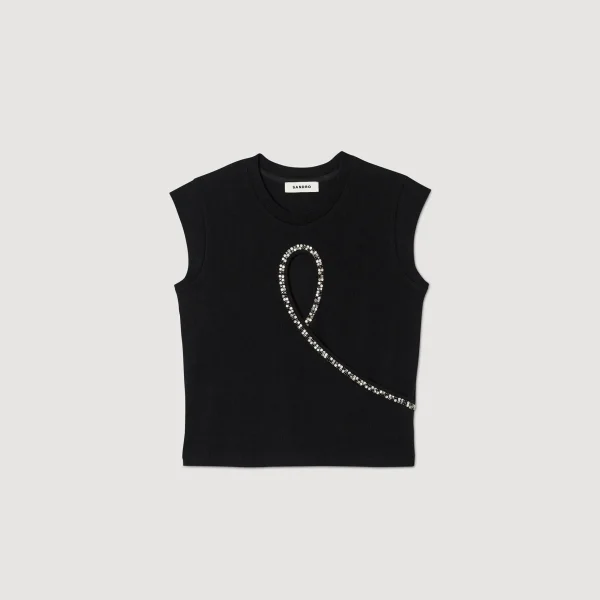 Sandro Paris Camiseta Curta Com Abertura Em Strass-Mulheres Camisetas