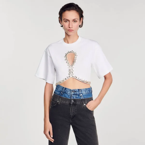 Sandro Paris Camiseta Curta Com Strass-Mulheres Camisetas