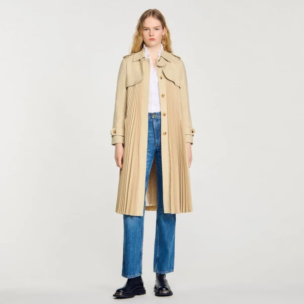 Sandro Paris Trench Coat Plissado Com Cinto-Mulheres Casacos