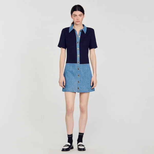 Sandro Paris Vestido Curto Jeans E Tweed-Mulheres Vestidos