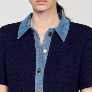 Sandro Paris Vestido Curto Jeans E Tweed-Mulheres Vestidos