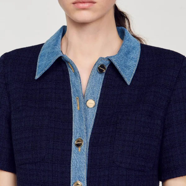 Sandro Paris Vestido Curto Jeans E Tweed-Mulheres Vestidos