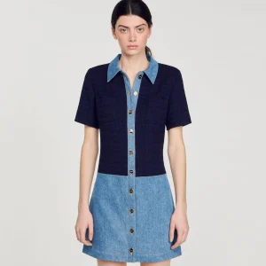 Sandro Paris Vestido Curto Jeans E Tweed-Mulheres Vestidos