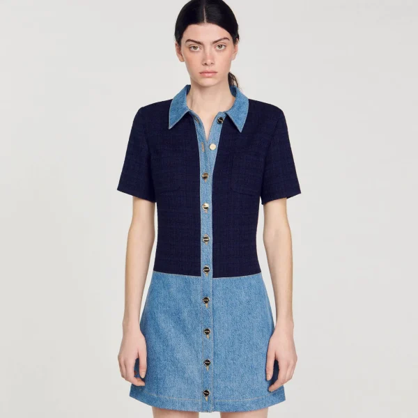 Sandro Paris Vestido Curto Jeans E Tweed-Mulheres Vestidos