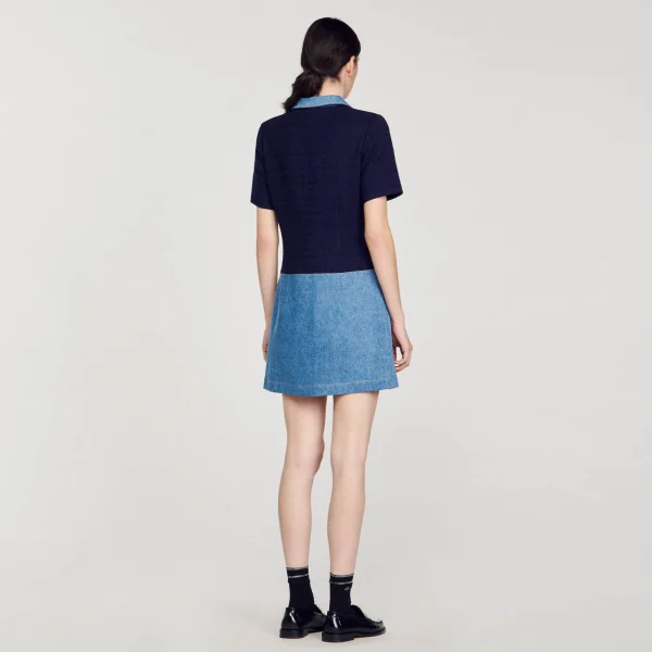 Sandro Paris Vestido Curto Jeans E Tweed-Mulheres Vestidos