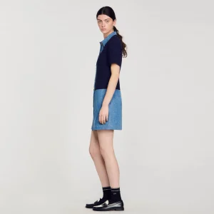 Sandro Paris Vestido Curto Jeans E Tweed-Mulheres Vestidos