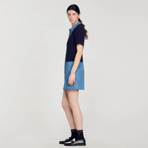 Sandro Paris Vestido Curto Jeans E Tweed-Mulheres Vestidos