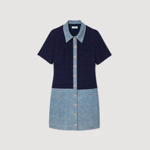 Sandro Paris Vestido Curto Jeans E Tweed-Mulheres Vestidos