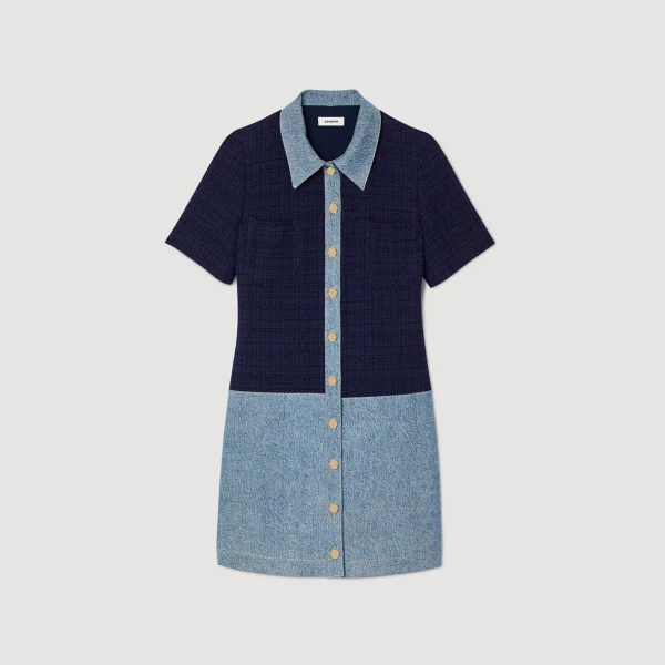 Sandro Paris Vestido Curto Jeans E Tweed-Mulheres Vestidos