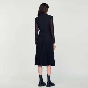 Sandro Paris Vestido De Manga Comprida Bimaterial-Mulheres Vestidos