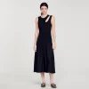 Sandro Paris Vestido Longo De Dois Materiais-Mulheres Vestidos