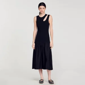 Sandro Paris Vestido Longo De Dois Materiais-Mulheres Vestidos