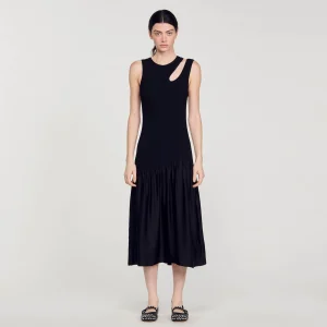 Sandro Paris Vestido Longo De Dois Materiais-Mulheres Vestidos