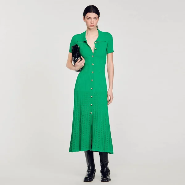 Sandro Paris Vestido Longo De Malha Canelada-Mulheres Vestidos