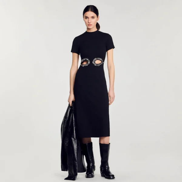 Sandro Paris Vestido Midi Com Recortes De Strass-Mulheres Vestidos