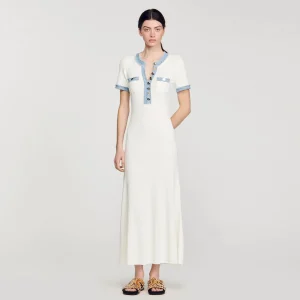 Sandro Paris Vestido Midi Em Trico E Jeans-Mulheres Vestidos