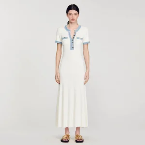 Sandro Paris Vestido Midi Em Trico E Jeans-Mulheres Vestidos